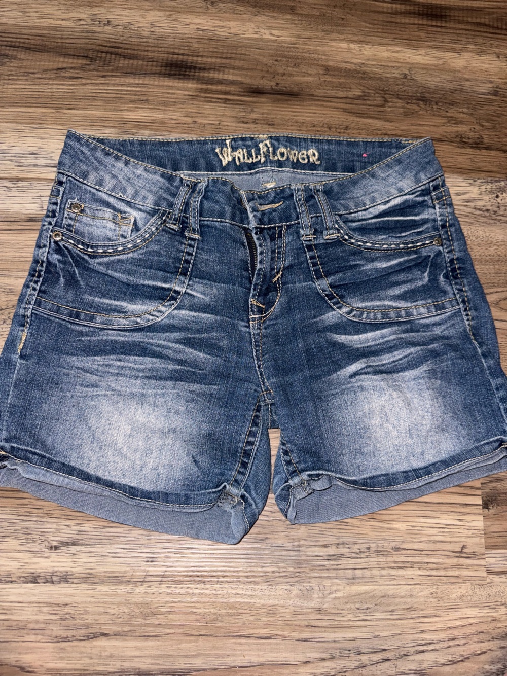 Wallflower Distressed Mid-Rise Blue Denim Roll-Hem Shorts